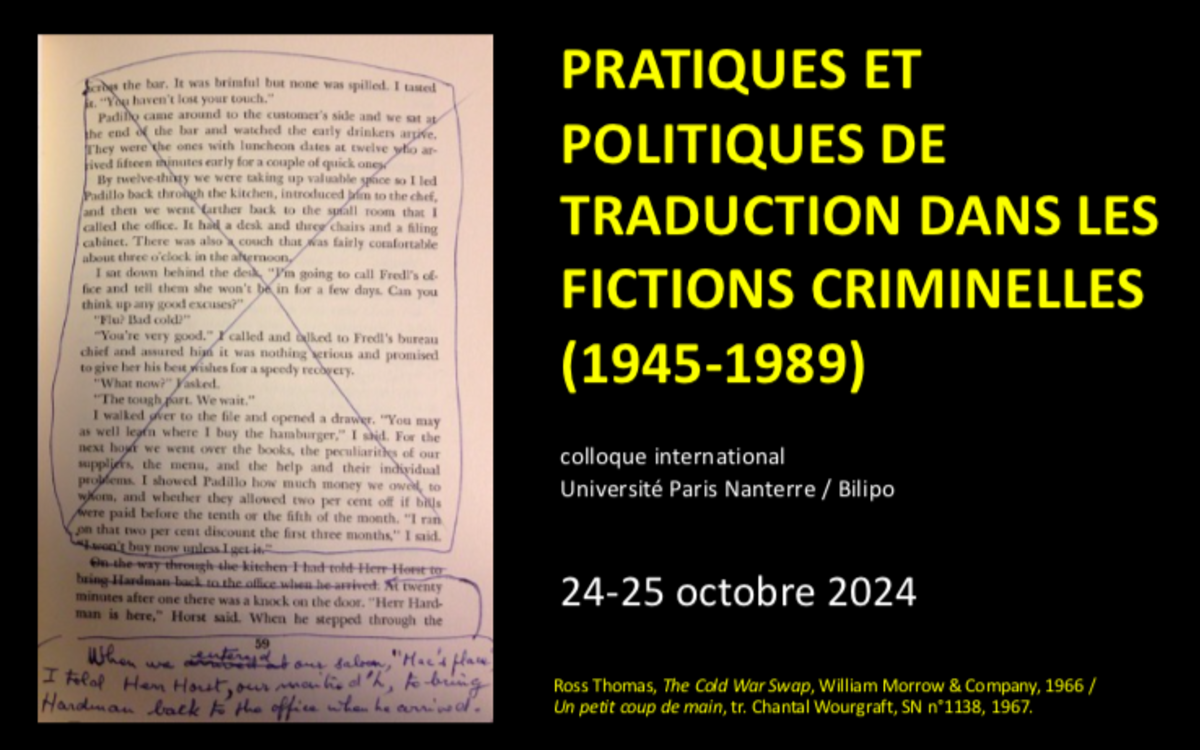 Colloque "Polar et traduction (1945-1989)" Bibliothèque des littératures policières (BiLiPo) Paris