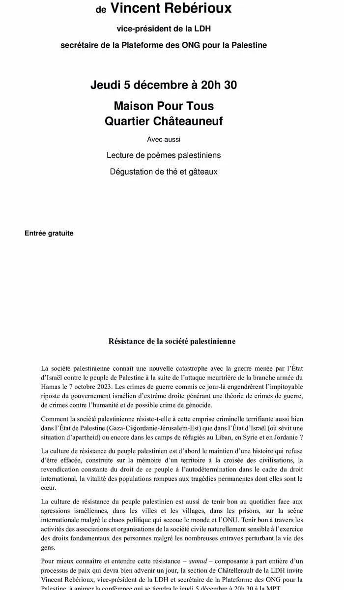 Résistance de la société palestinienne une conférence-débat de Vincent Rebérioux