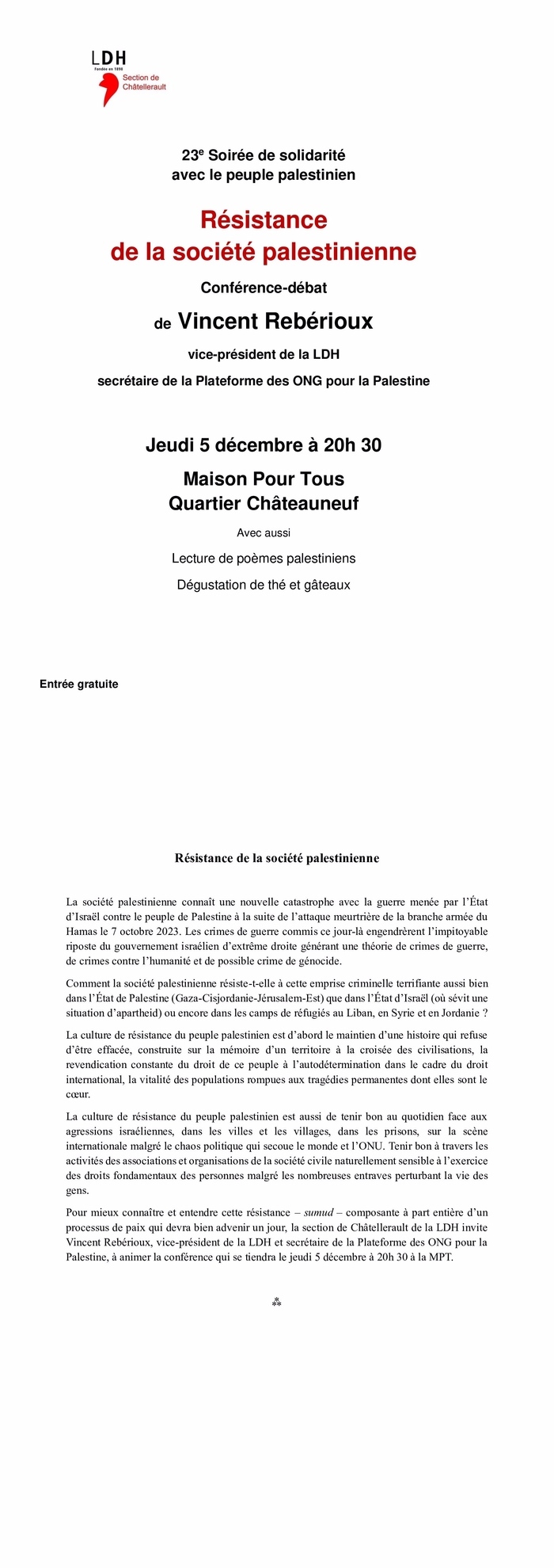 Résistance de la société palestinienne une conférence-débat de Vincent Rebérioux