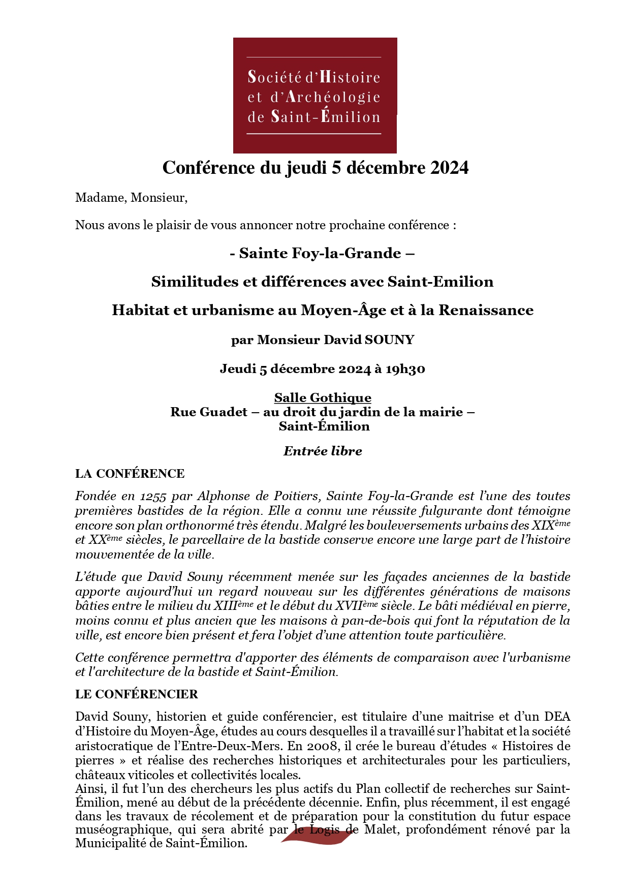 Conférence Habitat et urbanisme au Moyen-Âge et à la Renaissance par Monsieur David SOUNY