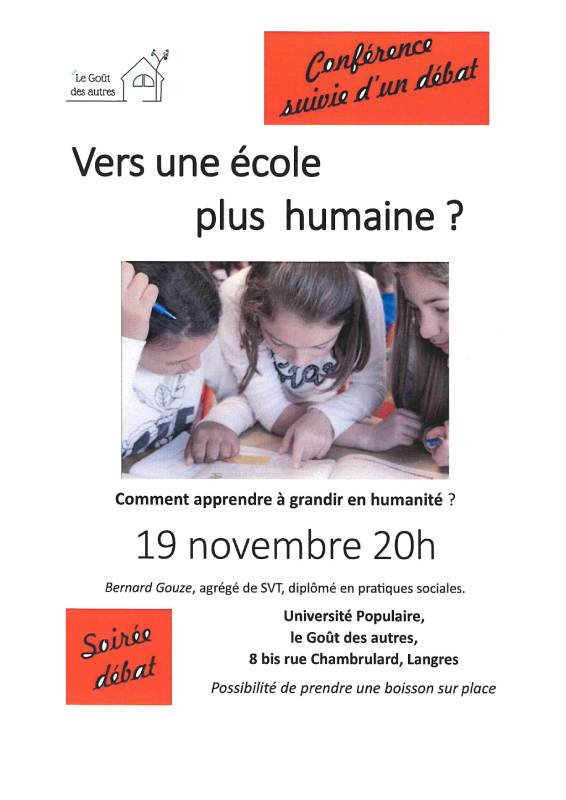 UNIVERSITE POPULAIRE CONFERENCE-DEBAT VERS UNE ECOLE PLUS HUMAINE ?