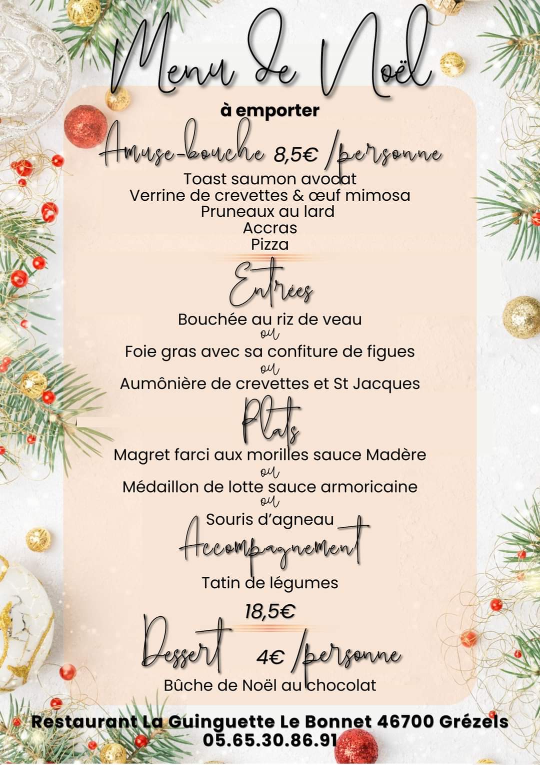 Menu de noël à la Guinguette