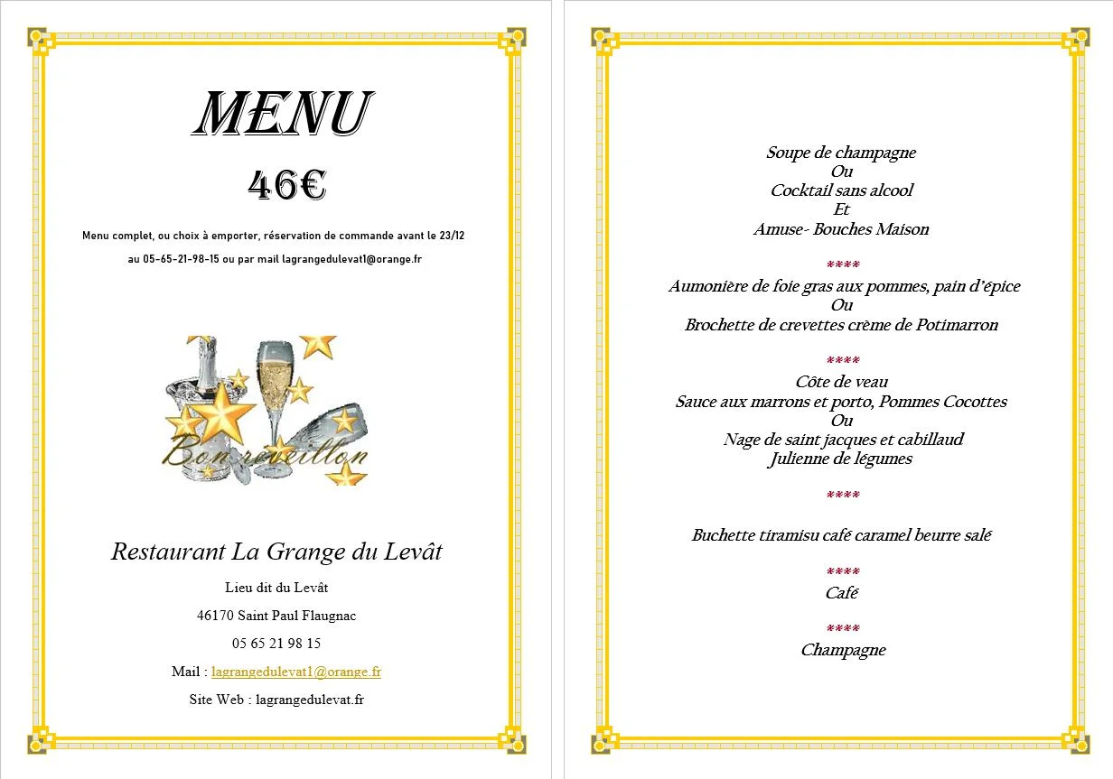 Menu de reveillon à la Grange du Levat